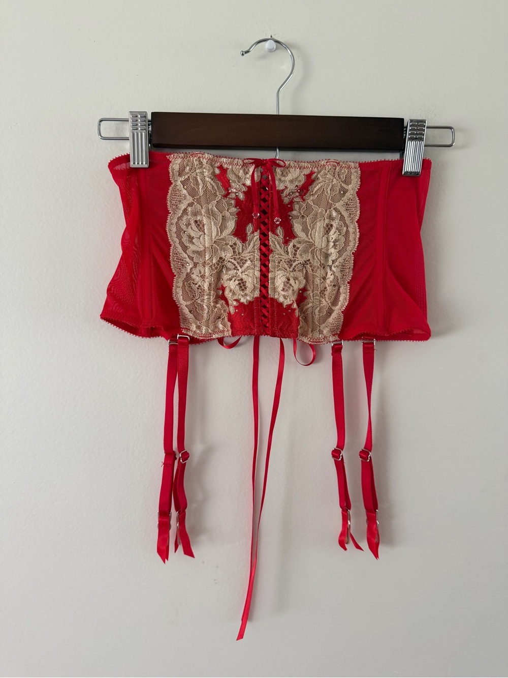 Victoria’s Secret NWT Red Lacy Sexy Tie Up Waist Garter Thong Panty Set XS/S